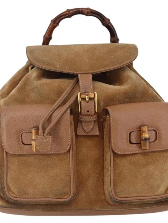 GUCCI Bamboo Backpack Suede Brown Gold 003 2058 0016 Auth 148819